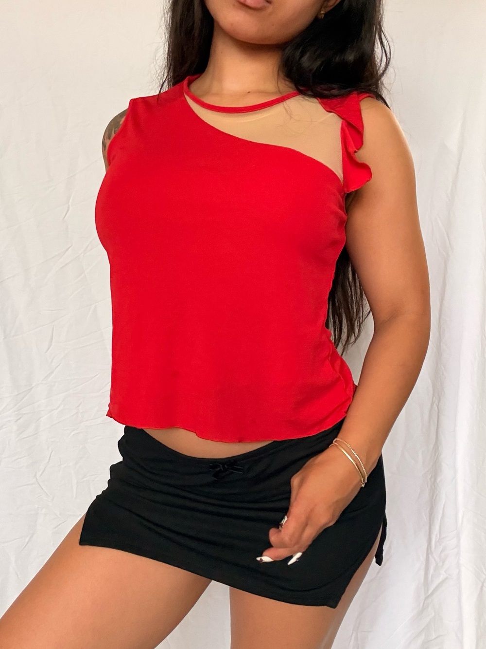Vintage Women’s Silk Red Sleeveless Ruffle Accent Mesh Cut-out Tank Top